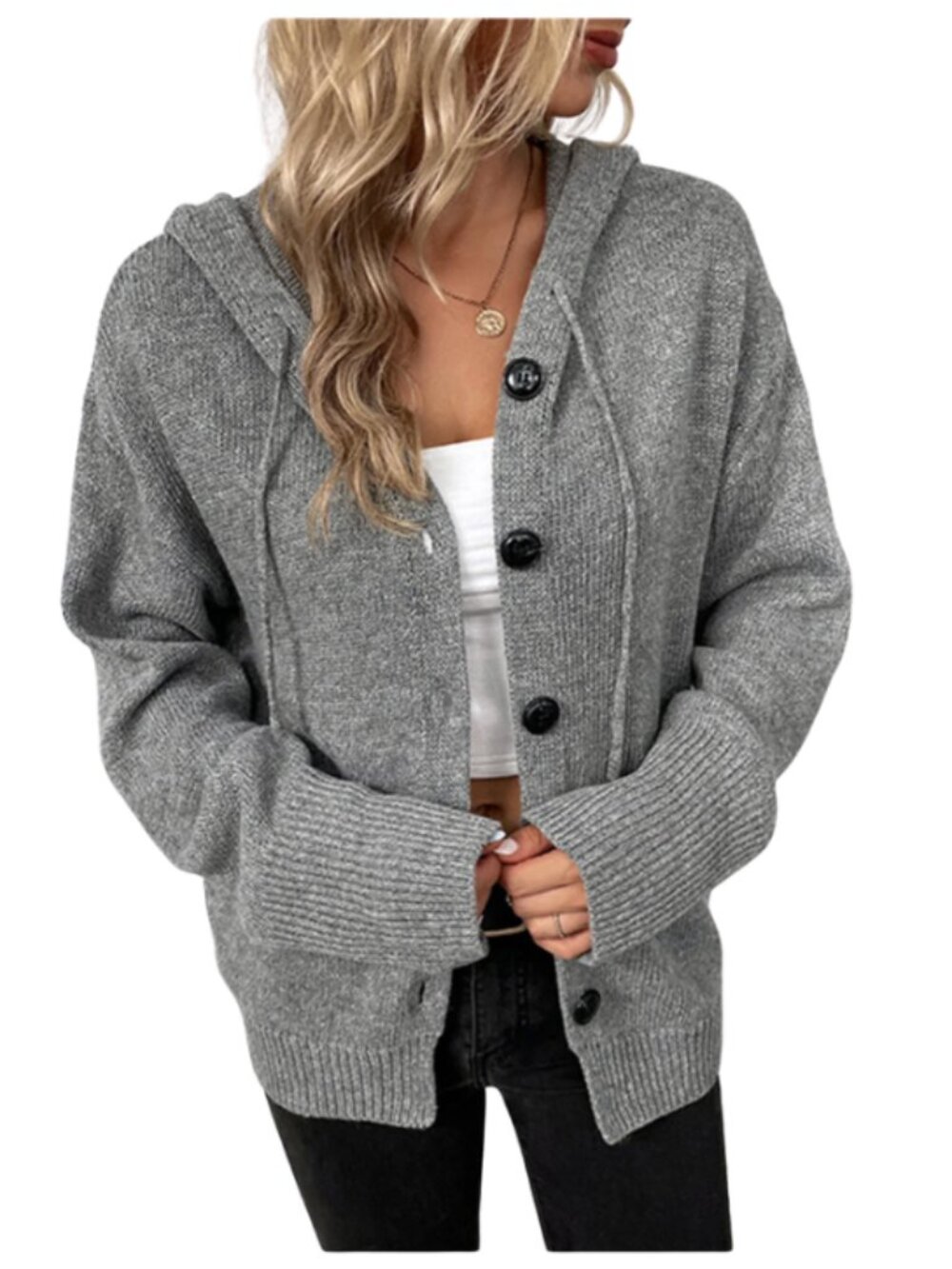 Button Drawstring Hooded Cardigan - Picture 2 of 10